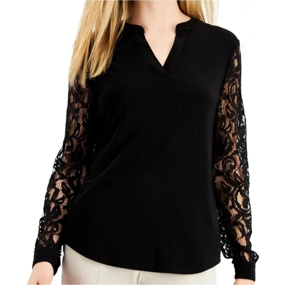 Kasper Lace Long Sleeve V Neck Pullover Black Top Womens Petite Size PM NWT